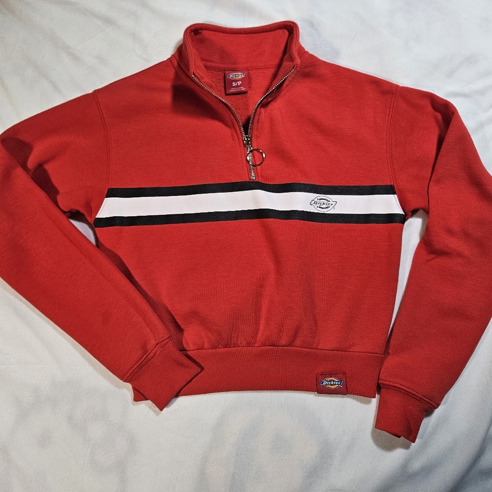 Dickies Red Quarter-Zip Cropped Sweatshirt with Black and White Stripe